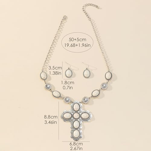 4 PCS Western Turquoise Jewelry for Women Boho Vintage Navajo Pearl Necklace Earring Bracelet Ring Set Country Cowgirl Accessories for Gift - color: N-White