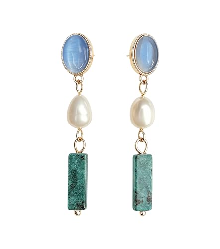 Boho Earrings for Women Natural Stone Beaded Handmade Vintage Dangle Earrings Bohemian Lightweight Hypoallergenic Jewelry for Dailywear Festival Occasions - color: Opal & pearl