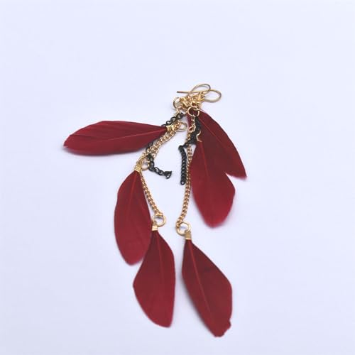 coadipress Boho Piercing Tassel Feather Long Chain Earrings Retro Lightweight Native Feather Dangle Drop Earrings for Women Bohemian Handmade Natural Feathers Earring Jewelry - color: Wine Red