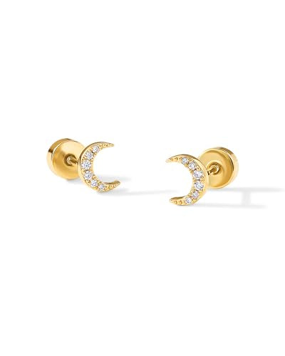 PAVOI 14K Gold Plated Dainty Flat Back Earrings for Women - Hypoallergenic Sterling Silver Posts Helix Cartilage Piercing Jewelry - Emoji Motif Bow Celestial Flatback Gold Stud Earrings Screw Back - style: Moon