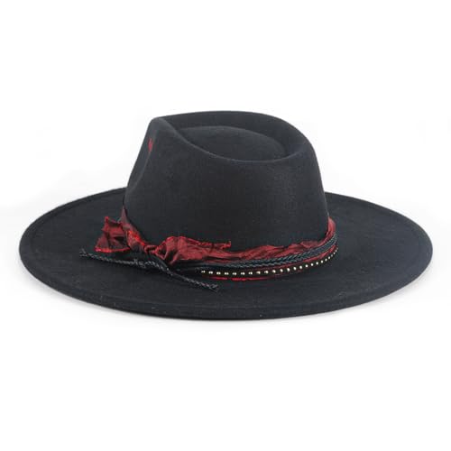 Womens Boho Fedora Hat Wide Brim Fedora Mens Handmade Flat Brim Hats - color: Blackred