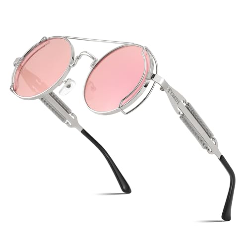 FEISEDY Aviator Sunglasses for Men Women, Retro Steampunk Gothic Round Metal Frame Hippie Glasses B2351 - color: Silver Frame With Pink and Silver Lenses