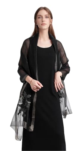 Jeelow Silk Blend Floral Fashion Scarf Shawl Wrap Lightweight Sheer For Women Floral Embroidery Wedding Party Prom - color: Midnight Silver