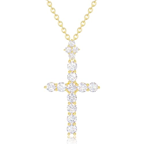 YIMERAIRE Upgraded Moissanite Crown Cross Necklace 14K Gold Vermeil 1.1 Carats Dainty Iced Out Easter Basket Stuffer Cross Jewelry S925 Sterling Silver Simple Gold Christian Faith Moissanite Cross Pendant Necklace For Women - color: 14k Gold Vermeil Slim