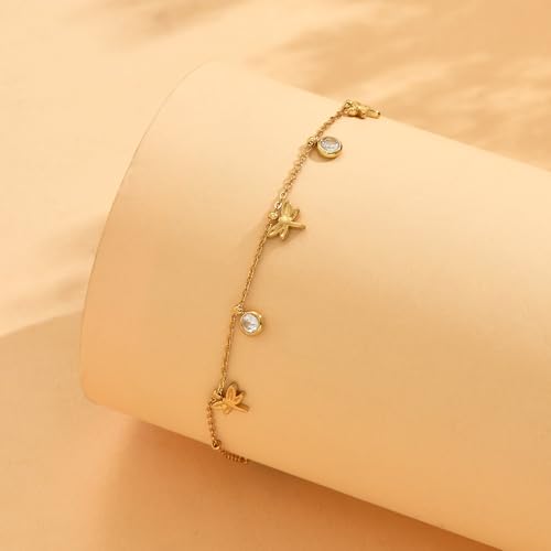 Gold Ankle Bracelets for Women 18K Gold Plated Waterproof Starfish Sea Shell Pearls CZ Diamond Dangle Anklets Trendy Summer Beach Foot Chain Jewelry Gift - style: Dragonfly CZ Drop-Gold