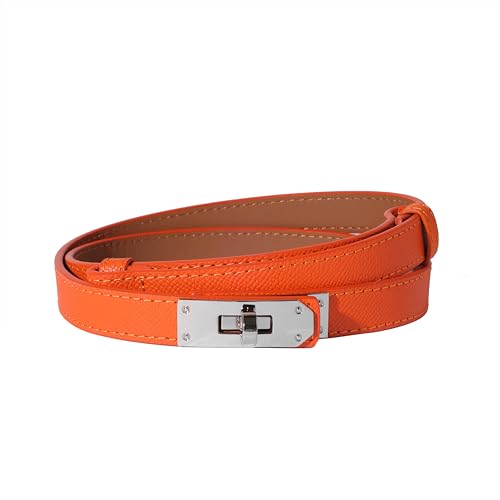 Ovekaut Women Skinny Leather Belt Solid Color Alloy Turn Lock Adjustable Waistband for Dresses Jeans Coats - color: Orange/ Silver