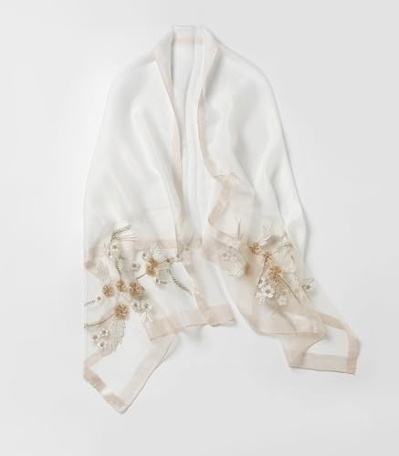 Jeelow Silk Blend Floral Fashion Scarf Shawl Wrap Lightweight Sheer For Women Floral Embroidery Wedding Party Prom - color: Beige Floral