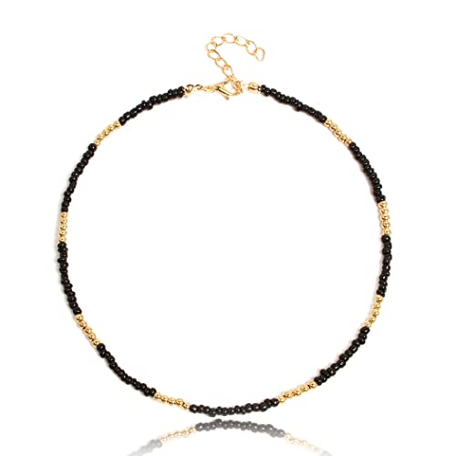 Tgirls Boho Choker Necklace Chain Rice Beaded Necklaces Seed Bead Necklace Accessory for Women - color: Black Gold