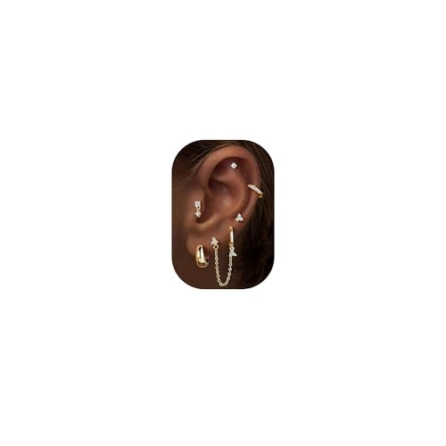 Turandoss Gold Earring for Women, 14K Gold Plated Hypoallergenic Chain Earring Dainty Huggie Flat Back Earrings Earring Stack for Multiple Piercings