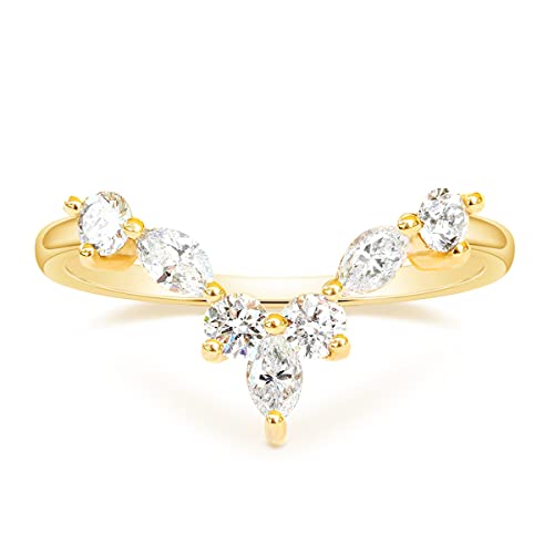 Mameloly Wedding Bands for Women Curved Marquise & Round 14K Gold Plated Dainty Stackable Cubic Zirconia CZ V Shaped Engagement Rings for Her Size 3-12 - color: 14K Gold Plated