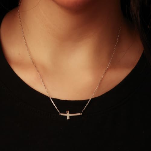 .925 Sterling Silver Sideways Horizontal Curved Cross Bar Style Necklace