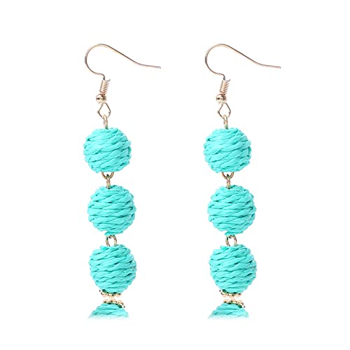 Lightweight Boho Thread Raffia Earrings for Women Handmade Braided Straw Wicker Lantern Ball Earrings Summer Beach Bohemian Geometric Earrings Holiday - color: cyan