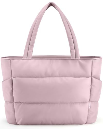 HOTOR Puffer Tote Bag for Women, Nurses - Multi-Pocket Lightweight Bag for Work - Quilted Handbag for Travel and Gym - color: Pink, size: 18.1" × 6.3" × 11.8"