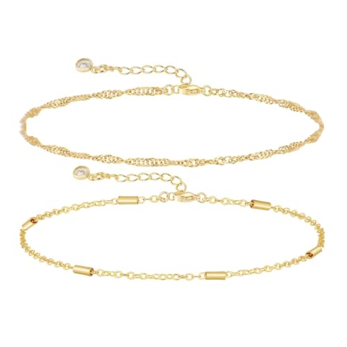 Dainty Bracelets for Women, 14k Gold Plated/Silver Layered Charms Bracelet Herringbone Satellite Beads Box Rope CZ Bracelet Adjustable Cuba Link Chain Bracelet Set Jewelry Gifts - color: 2Layered-Twisted rope-GD