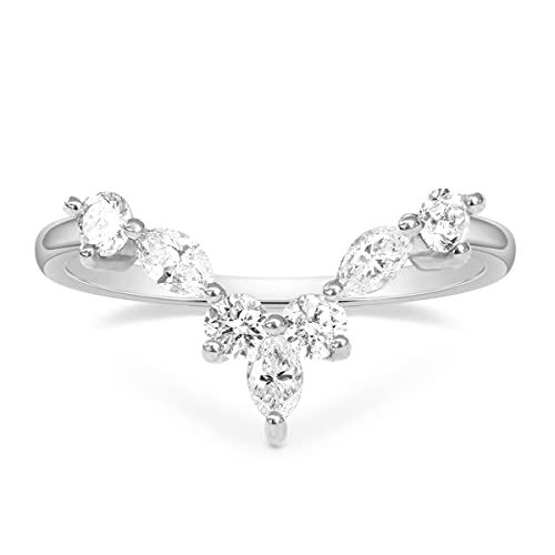 Mameloly Wedding Bands for Women Curved Marquise & Round 14K Gold Plated Dainty Stackable Cubic Zirconia CZ V Shaped Engagement Rings for Her Size 3-12 - color: Silver