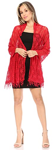 Sakkas Mari Women's Large Lightweight Soft Lace Scarf Wrap Shawl Floral and Fringe - color: Style2-burgandy