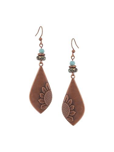 MINACHI Boho Antique Copper Tone Sunflower Teardrop Dangle Drop Earrings for Women with Turquoise Beads, Vintage Rustic Statement Jewelry Gift