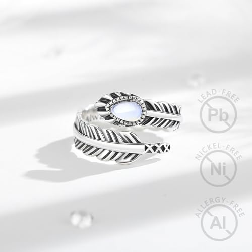 Vito 925 Sterling Silver Adjustable Open Spoon Ring for Women Men, Lotus Sunflower Snake Spoon Band Rings Feather Hug Witches Knot Inspirational Jewelry Gift for Wife - style: Feather-2