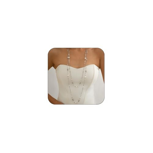 Long Necklaces for Women Pearl Necklaces for Women Long Chain Necklace Dainty Layered Pearl Necklace Statement Sweater Strand Chain Jewelry - color: Silver