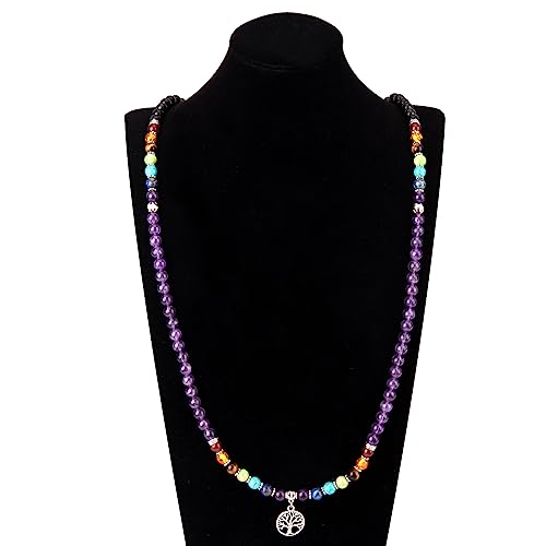 108 Mala Beads Necklace 7 Chakra Buddhist Prayer Beaded Bracelet Tree of Life Pendant Stone Yoga Necklace - color: Amethyst-Obsidian