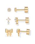 PAVOI 14K Gold Plated Dainty Flat Back Earrings for Women - Hypoallergenic Sterling Silver Posts Helix Cartilage Piercing Jewelry - Emoji Motif Bow Celestial Flatback Gold Stud Earrings Screw Back - style: Bow & Pearl Trio Set