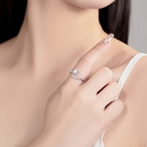 PARCOM Adjustable Women Stackable Ring, 925 Sterling Silver Open Rings - Trendy Eternity Cubic Zirconia Stackable Band Engagement Promise Ring for Her, Hypoallergenic Non Tarnish Nature Bird Floral Thumb Rings - color: Butterfly Swarm