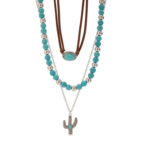 Fuqimanman2020 Boho Layered Western Necklaces for Women Cowgirl Cactus Turquoise Beaded Ox-head Hat Pendant Country Concert Jewelry - color: D