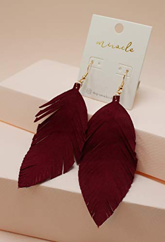 Large Genuine Soft Leather Handmade Fringe Feather Lightweight Tear Drop Dangle Color Earrings for Women Girls Fashion - color: Burgundy