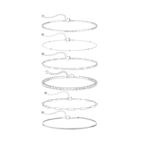 DEARMAY Sterling Silver Plated Bracelets Set for Women Waterproof, Non Tarnish Sterling Silver Link Chain Bracelets Pack Dainty, Fashion Jewelry Gifts for Everyday Comfortable - color: 6Pcs Silver Bracelets E