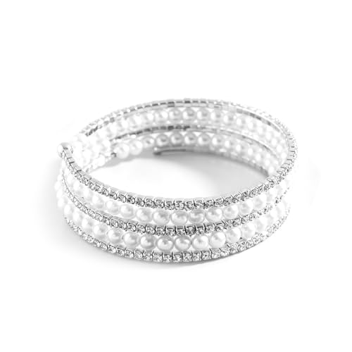Silver Pearl Bracelet for Women Sparkly Stretch Rhinestone and Pearls Bangle Cuff Adjustable Faux Diamond CZ Bracelets Bling Wedding Costume Jewelry - color: Silver-5Row