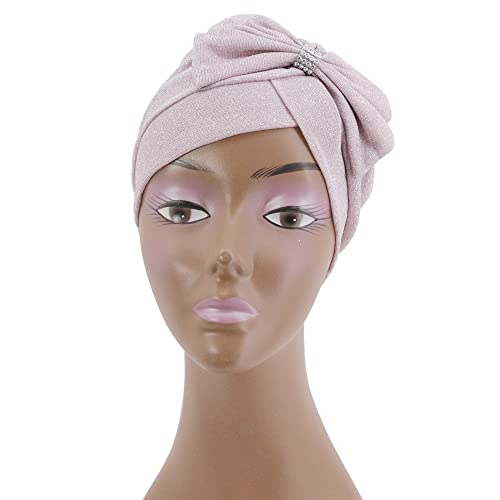 Erinaco Women Sparkle Sequin African Turban Bow Knot Pre-Tied Cap Pleated Ruffle Bonnet Beanie Hat Headwrap Skull Caps - color: Glitter Pink
