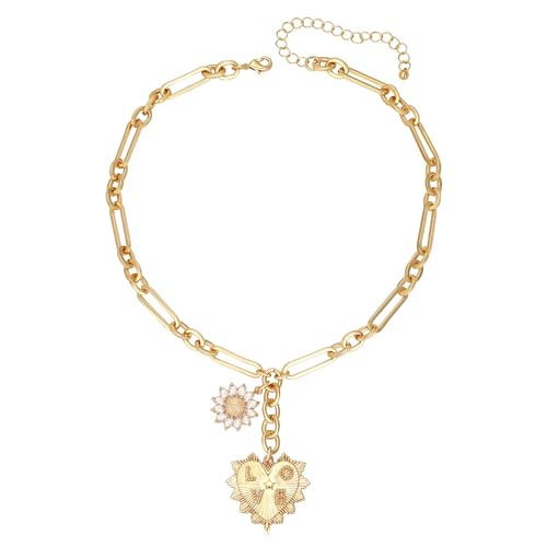 Gold Love Heart Sun Charm Chunky Paperclip Chain for Women Trendy 18K Gold Plated Coin Sunflower Pendant Choker Necklace Hip Hop Jewelry Gifts for Her - style: LOVE HEART, SUNFLOWER