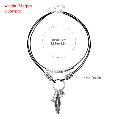 Unique Black Geometric Oval Rhinestone Pearl Pendant Necklace, Vintage Punk Long Leather Rope Choker for Women Trendy Silver Sweater Chain Jewelry Gift - color: Black