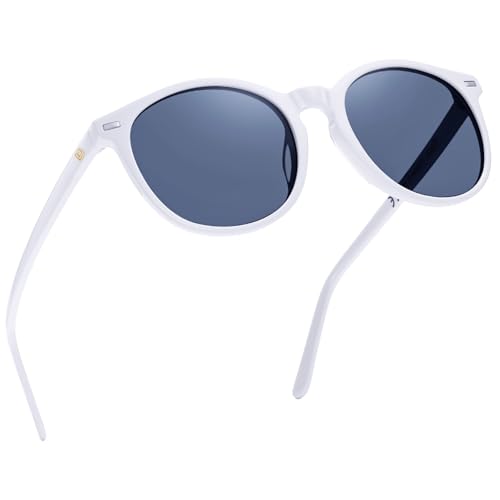 DUCO Women's Trendy Retro Round Acetate Polarized Sunglasses, UV400 99% Glare Block, Lightweight for Daily & Outdoor - color: White Frame Grey Lens