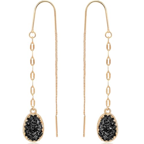 Simulated Druzy Threader Earrings for Women - Gold, Silver, or Rose Gold Tone Long Chain Earrings with Boho Created Geode Stone - color: Gold - Black Stone