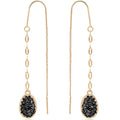 Simulated Druzy Threader Earrings for Women - Gold, Silver, or Rose Gold Tone Long Chain Earrings with Boho Created Geode Stone - color: Gold - Black Stone
