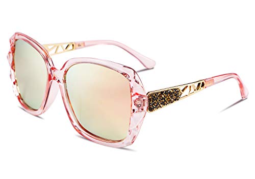 FEISEDY Polarized Women Square Sunglasses Sparkling Composite Shiny Frame B2289 - color: Clear Pink
