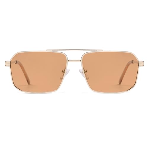 SOJOS Retro Polarized Square Sunglasses for Women Men Vintage Large Double Bridge UV Protection Metal Sun Glasses SJ1246 - color: Gold/Orange