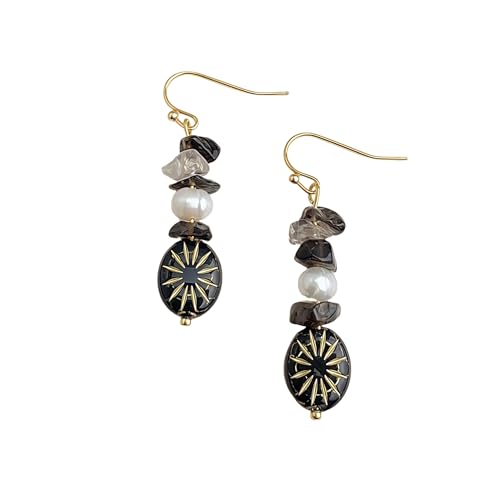 Boho Earrings for Women Natural Stone Beaded Handmade Vintage Dangle Earrings Bohemian Lightweight Hypoallergenic Jewelry for Dailywear Festival Occasions - color: Black stone