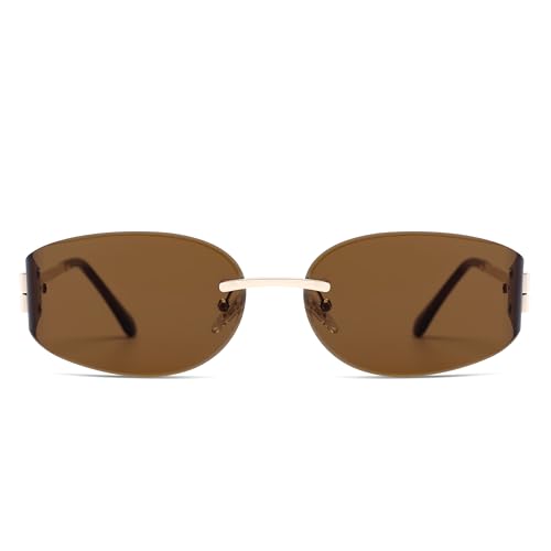 SOJOS Trendy Oval Sunglasses for Women,Fashion Rimless Metal Sun Glasses Y2K Style UV400 Protected SJ1271 - color: Brown