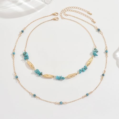 Layered Boho Necklaces for Women Vintage Adjustable Irregular Turquoise Splicing Choker Necklace Exquisite Long Gold Beaded Chain Country Necklace Western Jewelry for Women