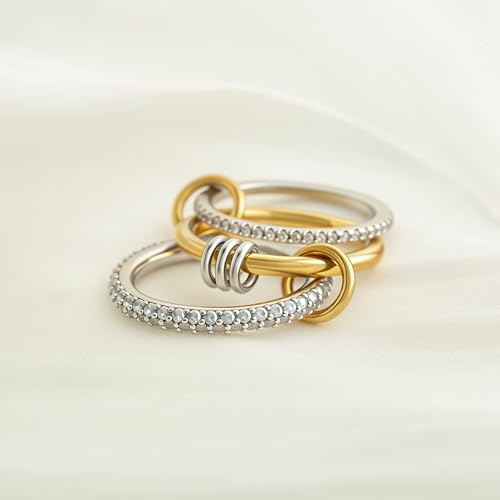 BKC Gold Stackable Rings for Women, 14k Gold Plated Chunky Statement Cubic Zirconia Rings, Silver Gold Multi Ring Interlocking Mixed Metals Stack Rings Set Non Tarnish - color: Harmony set, size: 8