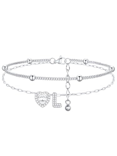 FindChic Silver/14K Gold Plated Layered CZ Initial Ankle Bracelet for Women | Waterproof Stainless Steel, Cubic Zirconia Letter Charm, Non-Tarnish, Hypoallergenic, Adjustable Extender, Summer Jewelry - color: Silver-CZ Heart, size: Large