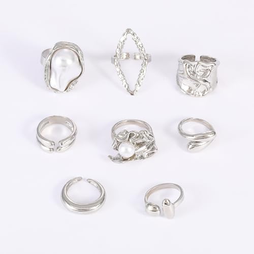Chunky Gold Stackable Rings Set for Women Pearl Flower Rings Sets Dainty Carved Signet Joint Finger Midi Rings Pack Adjustable Chunky Knuckle Ring Statement Stacking Ring Pack - color: E-Silver-8Pcs
