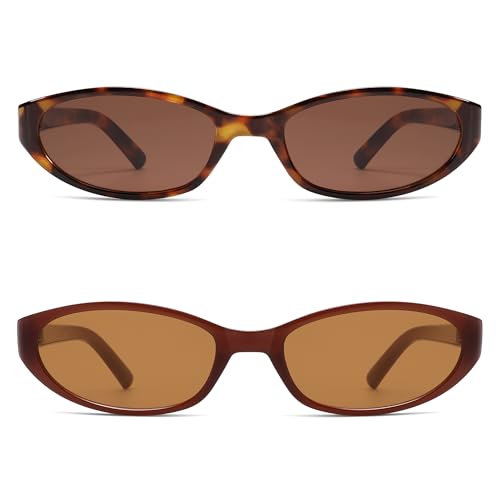 Retro Oval Sunglasses for Women Men Y2k Narrow Cat Eye Sunnies Skinny Shades AR82299 - color: B11 Tortoise/Brown+orange Brown/Light Tea