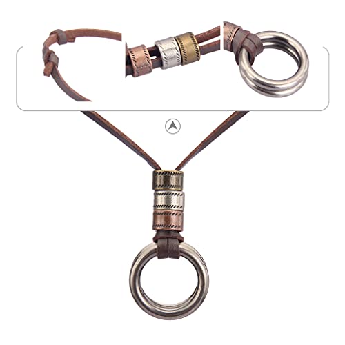GelConnie Leather Cord Necklace Chain Multilayer Wooden Pendant Necklaces Vintage Jewelry Boho Long Sweater Necklace for Women Men - color: Double Ring Pendant