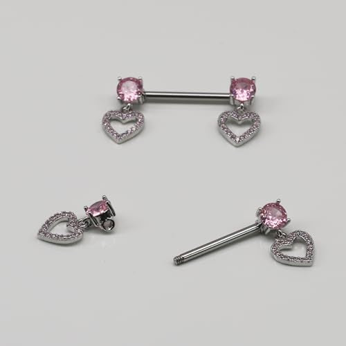 BSJ4U Nipple Ring and Belly Button Ring Set 14G Stainless Steel Sparkly Pink CZ Heart Bar Barbell Nipple Belly Piercing Body Jewelry - style: Cute