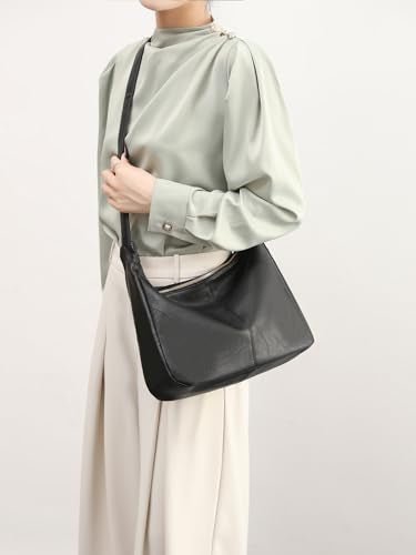 Hobo Bags for Women Foldable Vegan Leather Shoulder Handbag Slouchy Tote Crossbody Purses - color: Black