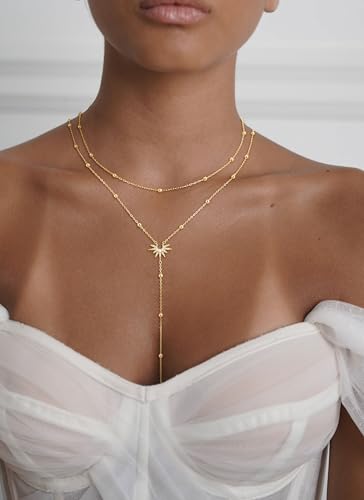 CHESKY Long Necklaces for Women, 14k Gold Plated/Streling Silver Lariat Necklace Dainty Statement Prom Necklace Rosary Cross Sun Drop Pendant Dangle Necklace Gold Prom Jewelry for Women Gifts - style: y necklace 13
