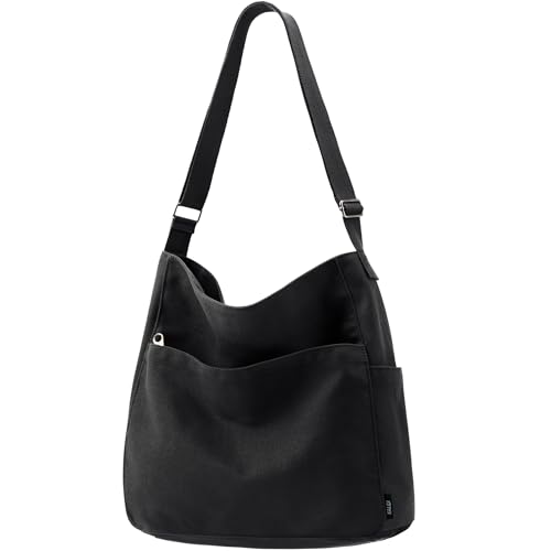 KALIDI Canvas Tote Bag Large Hobo Crossbody Shoulder Handbag Zipper Messenger Bag for Women or Men Casual College Work - color: Black